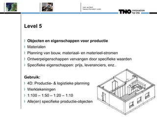 Léon van Berlo
                                 Deense Information Levels




Level 5

 Objecten en eigenschappen voor productie
 Materialen
 Planning van bouw, materiaal- en materieel-stromen
 Ontwerpeigenschappen vervangen door specifieke waarden
 Specifieke eigenschappen: prijs, leveranciers, enz..


Gebruik:
 4D: Productie- & logistieke planning
 Werktekeningen
 1:100 – 1:50 – 1:20 – 1:10
 Alle(en) specifieke productie-objecten
 