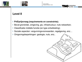 Léon van Berlo
                                  Deense Information Levels




Level 0

 PvE/prijsvraag (requirements en constraints);
 Bevat grondvlak, omgeving, gis, infrastructuur, nuts netwerken;
 Classificatie middels functie (en type ontwikkeling);
 Sociale aspecten: vergunningsvoorwaarden, regelgeving, enz…
 Omgevingsbeperkingen: geologie, nuts, enz..
 
