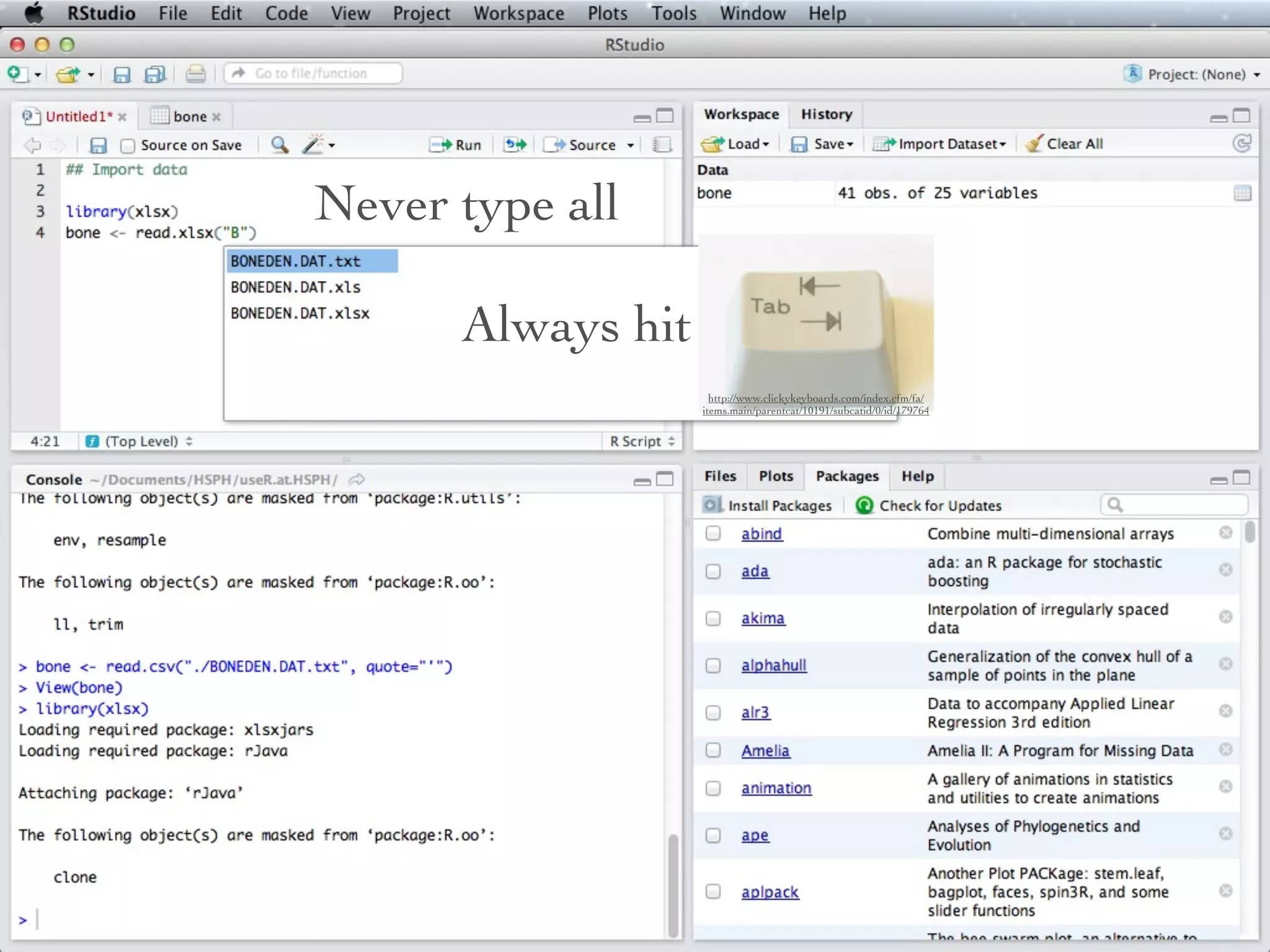 Use gdata package



             library(gdata)
bone <- read.xls(“BONEDEN.DAT.xls”)
 