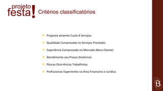 projeto
festa !   Critérios classificatórios



            Proposta atraente Custo X Serviços

            Qualidade Comprovada no Serviços Prestados

            Experiência Comprovada no Mercado (Bons Cliente)

            Atendimento aos Prazos (histórico)

            Poucas Ocorrências Trabalhistas

            Profissionais Experientes na Área Financeira e Jurídica
 