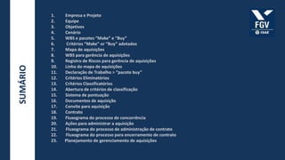 1.    Empresa e Projeto
          2.    Equipe
          3.    Objetivos
          4.    Cenário
          5.    WBS e pacotes “Make” e “Buy”
          6.     Critérios “Make” or “Buy” adotados
          7.    Mapa de aquisições
          8.    WBS para gerência de aquisições
          9.    Registro de Riscos para gerência de aquisições
          10.   Linha do mapa de aquisições
SUMÁRIO




          11.   Declaração de Trabalho > “pacote buy”
          12.   Critérios Eliminatórios
          13.   Critérios Classificatórios
          14.   Abertura de critérios de classificação
          15.   Sistema de pontuação
          16.   Documentos de aquisição
          17.   Convite para aquisição
          18.   Contrato
          19.   Fluxograma do processo de concorrência
          20.   Ações para administrar a aquisição
          21.   Fluxograma do processo de administração de contrato
          22.   Fluxograma do processo para encerramento de contrato
          23.   Planejamento de gerenciamento de aquisições
 