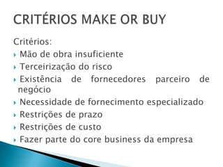 CRITÉRIOS MAKE OR BUY

Critérios:
 Mão de obra insuficiente

 Terceirização do risco

 Existência  de fornecedores parceiro de
 negócio
 Necessidade de fornecimento especializado

 Restrições de prazo

 Restrições de custo

 Fazer parte do core business da empresa
 