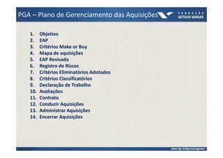 PGA – Plano de Gerenciamento das Aquisições

   1.    Objetivo
   2.    EAP
   3.    Critérios Make or Buy
   4.    Mapa de aquisições
   5.    EAP Revisada
   6.    Registro de Riscos
   7.    Critérios Eliminatórios Adotados
   8.    Critérios Classificatórios
   9.    Declaração de Trabalho
   10.   Avaliações
   11.   Contrato
   12.   Conduzir Aquisições
   13.   Administrar Aquisições
   14.   Encerrar Aquisições
 