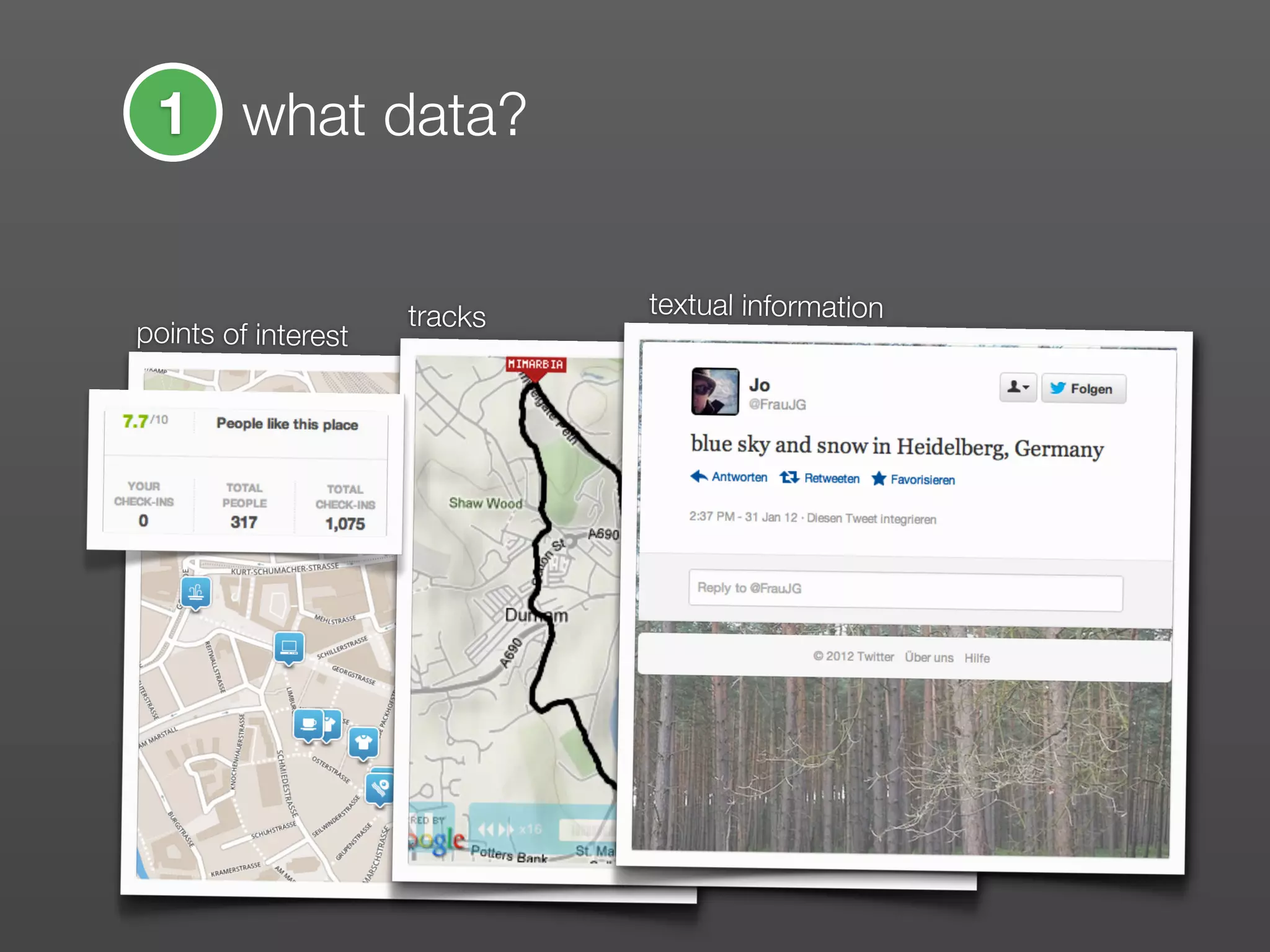 1 what data?


                     tracks   textual information
points of interest
 