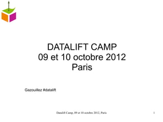 DATALIFT CAMP
        09 et 10 octobre 2012
                Paris

Gazouillez #datalift




                       Datalift Camp, 09 et 10 octobre 2012, Paris   1
 