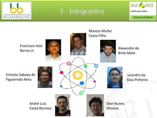 3 - Integrantes

                                      Marcos Muller
                                      Costa Filho

        Francisco José
                                                      Alexandre de
        Barros Jr.
                                                      Brito Melo




Ernesto Saboya de                                           Leandro da
Figueiredo Neto                                             Silva Pinheiro




             André Luis                        Davi Nunes
             Costa Barroso                     Oliveira
 