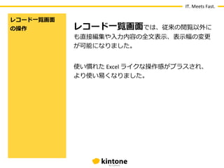 IT.	
  Meets	
  Fast.

レコード⼀一覧画⾯面	
  
の操作              レコード⼀一覧画⾯面では、従来の閲覧以外に
                 も直接編集や⼊入⼒力力内容の全⽂文表⽰示、表⽰示幅の変更更
                 が可能になりました。	
  
                 	
  
                 使い慣れた	
  Excel	
  ライクな操作感がプラスされ、
                 より使い易易くなりました。
 