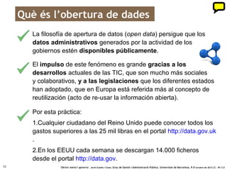 Obrir dades per a què?
        La filosofia obertura de dades (open data) persegueix que les
        dades administratives generades per l’activitat dels governs
        estiguin disponibles públicament.

        L’impuls d’aquest fenomen és gran gràcies als
        desenvolupaments actuals de les TIC, que són molt més socials




                                                                                                                                             ?
        i col·laboratius, i a les legislacions que els diferents estats han
        adoptat, que a Europa està referida més al concepte de
        reutilització (acte de reusar la informació oberta).
        Per aquesta pràctica:
        1.Qualsevol ciutadà del Regne Unit pot conèixer totes les
        despeses superiors a les 25 mil lliures en el portal
        http://data.gov.uk.
        2.Als EUA cada setmana es descarreguen 14.000 fitxers des del
        portal http://data.gov.
12                ‘Obrint ments i governs’. Jordi Graells i Costa. Grau de Gestió i Administració Pública. Universitat de Barcelona, 9 d’ octubre de 2012 CC – BY 3.0
 