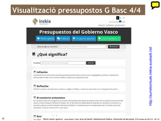 Aplicacions per empreses i ciutadania
     Aplicacions web i mòbils


                                                                                           Canal de realitat augmentada “Equipaments
       Estadístiques de població
                                                                                           de Catalunya”
       • Globus informatiu amb dades estadístiques de
                                                                                           • Canal de realitat augmentada"
         població (sector terciari) per municipi, amb el
                                                                                           gratuït i lliure de publicitat sobre la
         dataset equipaments de la Generalitat
                                                                                           plataforma Layar, amb nom "Equipaments
       • Guanyadora d’ajut Fundació puntCAT                                                  de Catalunya" per a usuaris de telèfons Android
       http://eixos.planol.info/                                                             o Iphone.
                                                                                           • Dóna informació dels equipaments que hi ha
                                                                                             en un radi de distància X en la posició actual.
                                                                                           • Es poden escollir les categories (salut,
                                                                                           esport, administració pública, etc.) i visualitzar
                                                                                             els equipaments sobre mapa i en llista.




                                                                                                                                     Desenvolupat per
                                                                                                                                     Gynoid Apps,




                  Desenvolupat per
                  planol.info




20                             ‘Obrint ments i governs’. Jordi Graells i Costa. Grau de Gestió i Administració Pública. Universitat de Barcelona, 9 d’ octubre de 2012 CC – BY 3.0
 