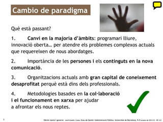 Canvi de paradigma

    Què està passant?
    1.Canvi en la majoria d’àmbits: programari lliure, innovació
    oberta… per atendre els problemes complexos actuals que
    requereixen de nous abordatges.
    2.Importància de les persones i els continguts en la nova
    comunicació.
    3.Organitzacions actuals amb gran capital de coneixement
    desaprofitat perquè està dins dels professionals.
    4.Metodologies basades en la col·laboració
    i el funcionament en xarxa per ajudar
    a afrontar els nous reptes.

3                 ‘Obrint ments i governs’. Jordi Graells i Costa. Grau de Gestió i Administració Pública. Universitat de Barcelona, 9 d’ octubre de 2012 CC – BY 3.0
 