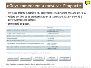 eGov: comencem a mesurar l’impacte
    - Per cada tràmit electrònic vs. presencial s’estalvia una mitjana de 75 €.
    - Millora del 70% de la productivitat en la tramitació. Estalvi de 0,42 €
      per enviament de correus.
    - Eliminació de paper.




    Font: Telefónica. Grandes Clientes. Sector Administración Pública 2011
5                            ‘Obrint ments i governs’. Jordi Graells i Costa. Grau de Gestió i Administració Pública. Universitat de Barcelona, 9 d’ octubre de 2012 CC – BY 3.0
 