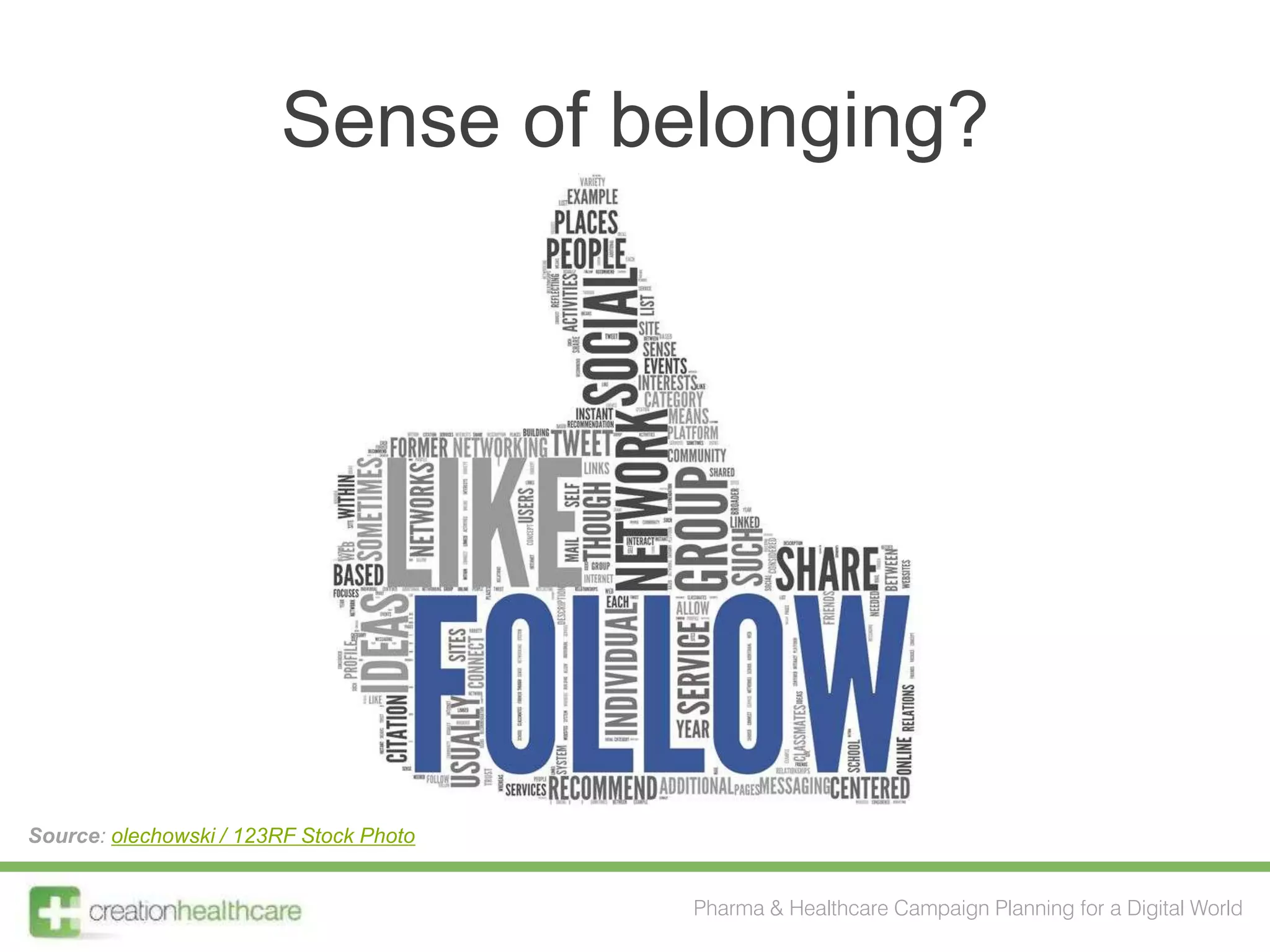 Sense of belonging?




Source: olechowski / 123RF Stock Photo


                                         Pharma & Healthcare Campaign Planning for a Digital World
 