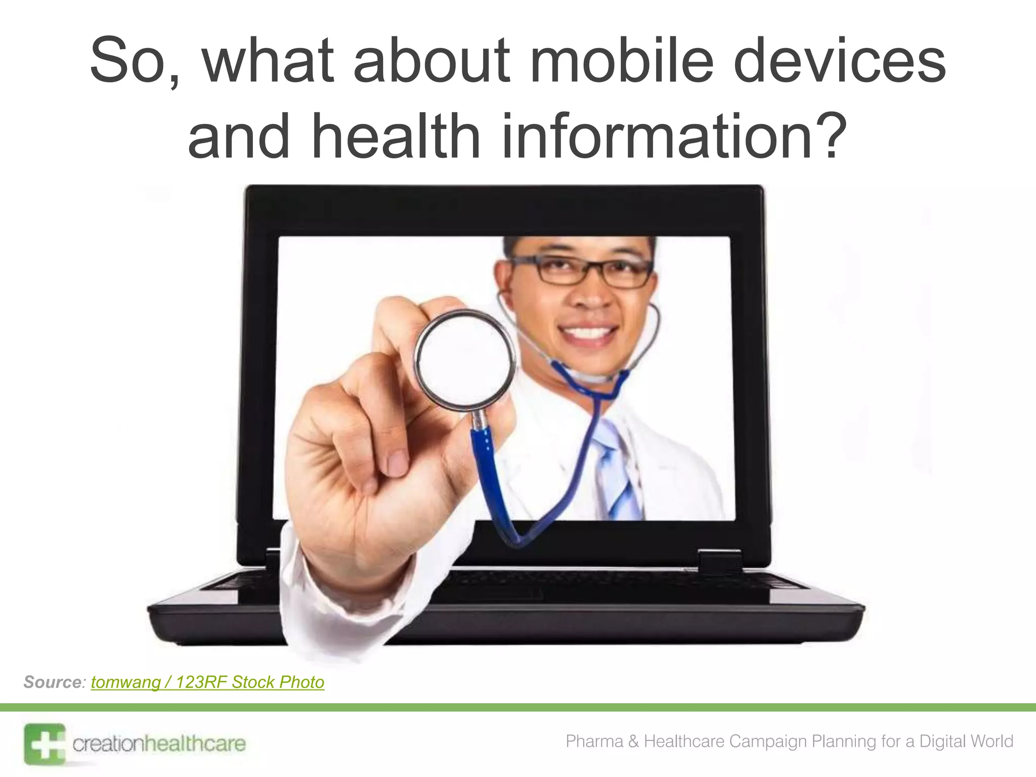 So, what about mobile devices
          and health information?




Source: tomwang / 123RF Stock Photo


                                      Pharma & Healthcare Campaign Planning for a Digital World
 