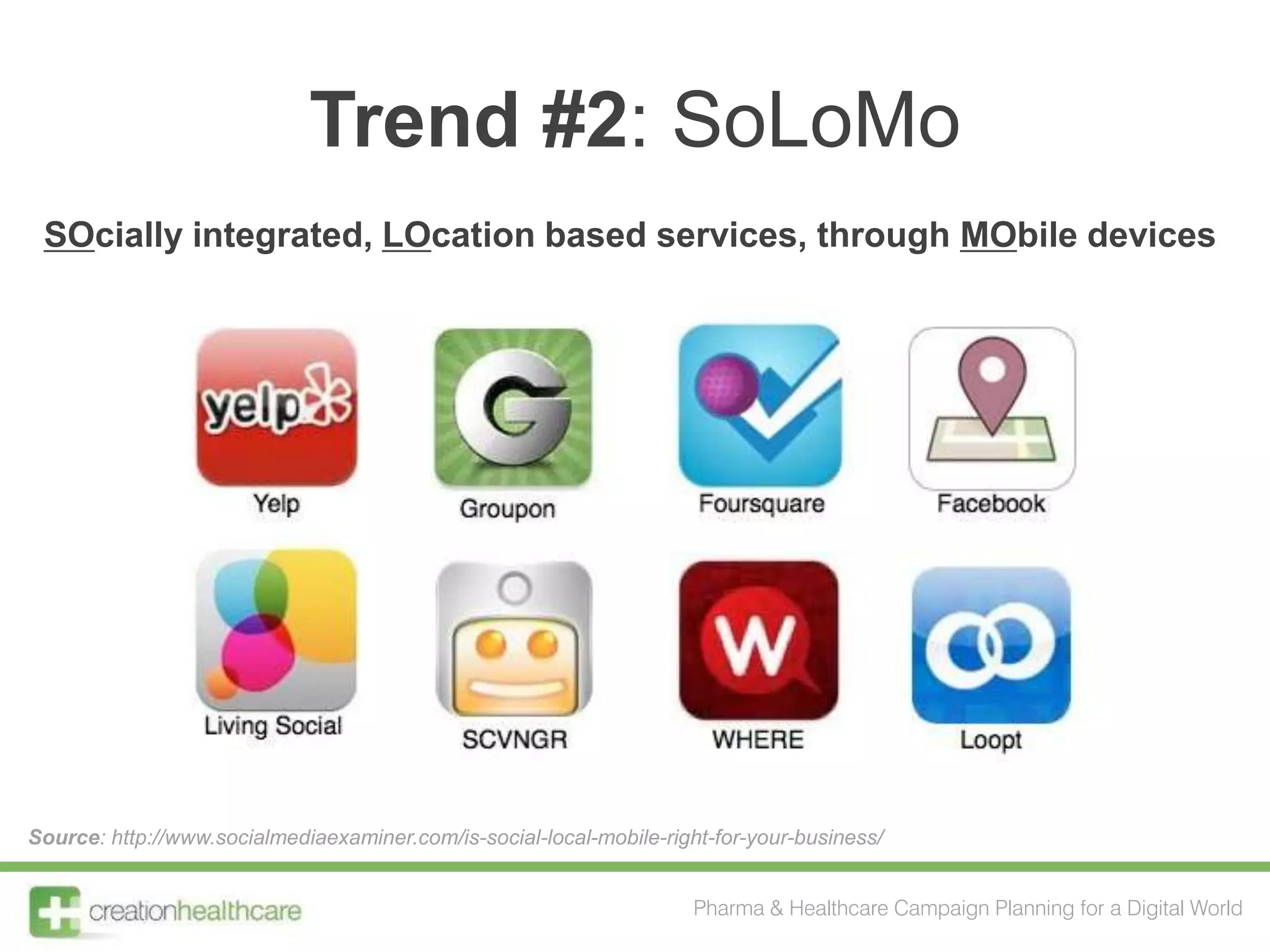 Trend #2: SoLoMo
 SOcially integrated, LOcation based services, through MObile devices




Source: http://www.socialmediaexaminer.com/is-social-local-mobile-right-for-your-business/


                                                                      Pharma & Healthcare Campaign Planning for a Digital World
 