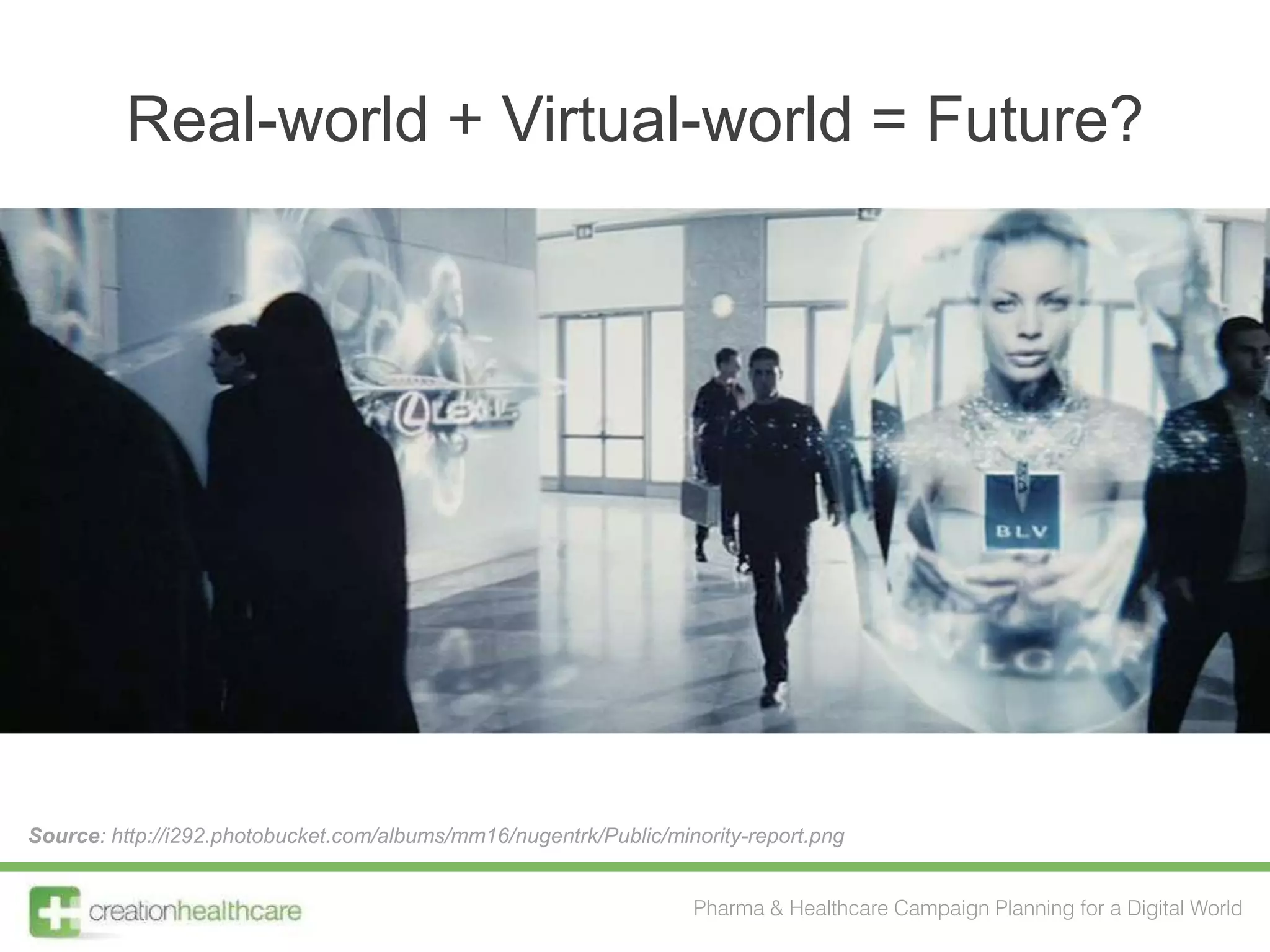 Real-world + Virtual-world = Future?




Source: http://i292.photobucket.com/albums/mm16/nugentrk/Public/minority-report.png


                                                                   Pharma & Healthcare Campaign Planning for a Digital World
 