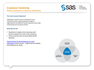 Customer Centricity
Status research in Service Industries

The main research objective?

Validating a Customer Centric framework across
industries and thus understanding the progress
organisations from different Service Industries have made
in becoming more Customer Centric.

What did we do?

• Qualitative in-depth online interviews with
  business people from each of the industries
• Online questionnaire via Social Media & SAS
  database

Download the full SAS whitepaper for more
information (Dutch version – English will be available
from February 18, 2013).
 