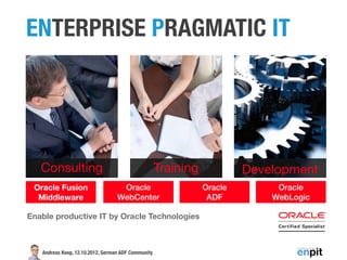 ENTERPRISE PRAGMATIC IT




   Consulting                                       Training            Development
 Oracle Fusion                     Oracle                      Oracle        Oracle
  Middleware                      WebCenter                     ADF         WebLogic

Enable productive IT by Oracle Technologies



   Andreas Koop, 12.10.2012, German ADF Community
 