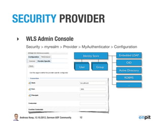 SECURITY PROVIDER
‣        WLS Admin Console
         Security > myrealm > Provider > MyAuthenticator > Conﬁguration

                                                          Identity Store     Embedded LDAP

                                                                                  OID
                                                     User
                                                     User            User
                                                                     User
                                                     User            Group
                                                                             Active Directory

                                                                                 RDBMS

                                                                                    ...




    Andreas Koop, 12.10.2012, German ADF Community   12
 