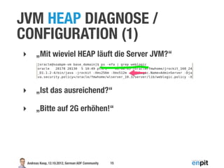 JVM HEAP DIAGNOSE /
CONFIGURATION (1)
‣        „Mit wieviel HEAP läuft die Server JVM?“



‣        „Ist das ausreichend?“

‣        „Bitte auf 2G erhöhen!“




    Andreas Koop, 12.10.2012, German ADF Community   15
 