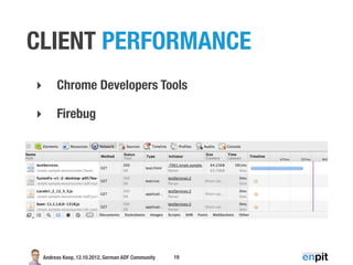 CLIENT PERFORMANCE
‣        Chrome Developers Tools

‣        Firebug




    Andreas Koop, 12.10.2012, German ADF Community   19
 