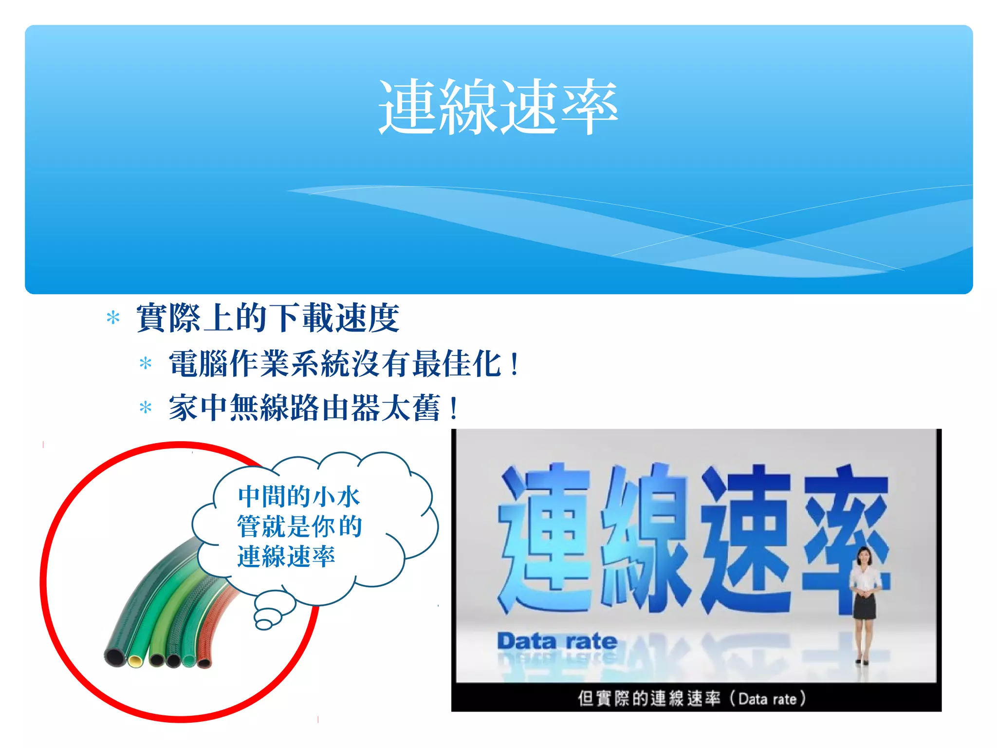 連線速率


∗ 實際上的下載速度
 ∗ 電腦作業系統沒有最佳化 !
 ∗ 家中無線路由器太舊 !

    中間的小水
    管就是你 的
    連線速率
 