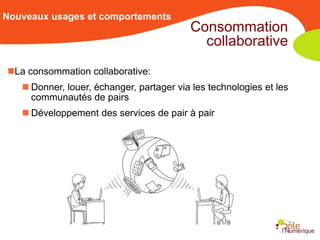 Nouveaux usages et comportements
                                          Consommation
                                            collaborative
La consommation collaborative:
    Donner, louer, échanger, partager via les technologies et les
     communautés de pairs
    Développement des services de pair à pair
 