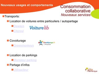 Nouveaux usages et comportements
                                            Consommation
                                              collaborative
Transports:                                Nouveaux services
    Location de voitures entre particuliers / autopartage
      Deways
      Cityroul


    Covoiturage
      Greenmonkeys


    Location de parkings
      Monsieur parking
    Partage d’infos
      Utilisacteur
 