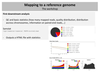 Mapping to a reference genome
                                        The workshop
First downstream analysis

- QC and basic statistics (how many mapped reads, quality distribution, distribution
  accross chromosomes, information on paired-end reads,…)

Samstat
/opt/samstat/samstat PHF8-sorted.bam



- Outputs a HTML file with statistics
 