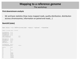 Mapping to a reference genome
                                                The workshop
First downstream analysis

- QC and basic statistics (how many mapped reads, quality distribution, distribution
  accross chromosomes, information on paired-end reads,…)

BamUtil (stats)

Bam stats --in PHF8-sorted.bam –-basic --phred        --baseSum

Number of records read = 15732744

TotalReads(e6)   15.73
MappedReads(e6) 15.04
PairedReads(e6) 15.73
ProperPair(e6)   14.65
DuplicateReads(e6)                  0.00
QCFailureReads(e6)                  0.00

MappingRate(%)   95.59
PairedReads(%)   100.00
ProperPair(%)    93.11
DupRate(%)       0.00
QCFailRate(%)    0.00

TotalBases(e6)   802.37
BasesInMappedReads(e6)              766.95

Quality          Count
33               0
34               0
35               71373
36               0
37               0
38               203544
39               403649
40               921714
41               2081099
42               1974615
43               2285826
 