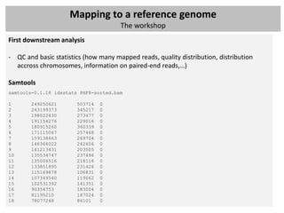 Mapping to a reference genome
                                       The workshop
First downstream analysis

- QC and basic statistics (how many mapped reads, quality distribution, distribution
  accross chromosomes, information on paired-end reads,…)

Samtools
samtools-0.1.18 idxstats PHF8-sorted.bam

1      249250621        503714   0
2      243199373        345217   0
3      198022430        273477   0
4      191154276        229016   0
5      180915260        360339   0
6      171115067        257468   0
7      159138663        269704   0
8      146364022        242656   0
9      141213431        203505   0
10     135534747        237496   0
11     135006516        218116   0
12     133851895        231426   0
13     115169878        106831   0
14     107349540        119062   0
15     102531392        141351   0
16     90354753         183004   0
17     81195210         187024   0
18     78077248         86101    0
 