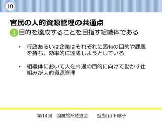 10


 官民の人的資源管理の共通点
 3 目的を達成することを目指す組織体である

     •   行政あるいは企業はそれぞれに固有の目的や課題
         を持ち、効率的に達成しようとしている

     •   組織体において人を共通の目的に向けて動かす仕
         組みが人的資源管理




          第14回 図書館系勉強会   担当|山下聡子
 
