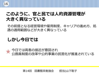 16


 このように、官と民では人的資源管理が
 大きく異なっている
 その前提となる経営環境や雇用制度、キャリアの進め方、処
 遇の適用範囲などが大きく異なっている


 しかし今日では

     今日では両者の接近が意図され
     公務員制度の改革や公的事業の民営化が推進されている




        第14回 図書館系勉強会   担当|山下聡子
 