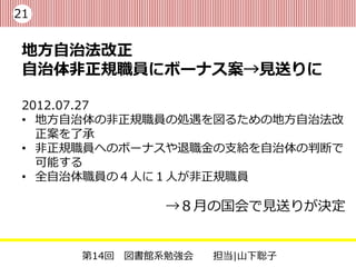 21


 地方自治法改正
 自治体非正規職員にボーナス案→見送りに

 2012.07.27
 • 地方自治体の非正規職員の処遇を図るための地方自治法改
   正案を了承
 • 非正規職員へのボーナスや退職金の支給を自治体の判断で
   可能する
 • 全自治体職員の４人に１人が非正規職員

               →８月の国会で見送りが決定


      第14回 図書館系勉強会   担当|山下聡子
 