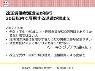 22


 改正労働者派遣法が施行
 30日以内で雇用する派遣が禁止に

 2012.10.01
 • 例外：学生・60歳以上・世帯年収が500万円以上あり主た
   る生計者ではない人
 • 短期間の派遣は管理がずさんになり労働災害が起きやすい
 • 賃金が低いままでキャリアも身につかない
               →ワーキングプアの温床に？

 • 改正を受け、紹介に切り替え、直接雇用にする企業も



      第14回 図書館系勉強会   担当|山下聡子
 