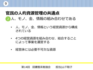 9


官民の人的資源管理の共通点
    2 人、モノ、金、情報の組み合わせである

     •   人、モノ、金、情報という経営資源から構成
         されている

     •   4つの経営資源を組み合わせ、結合すること
         によって事業を運営する

     •   経営体には必要不可欠な資源




          第14回 図書館系勉強会   担当|山下聡子
 