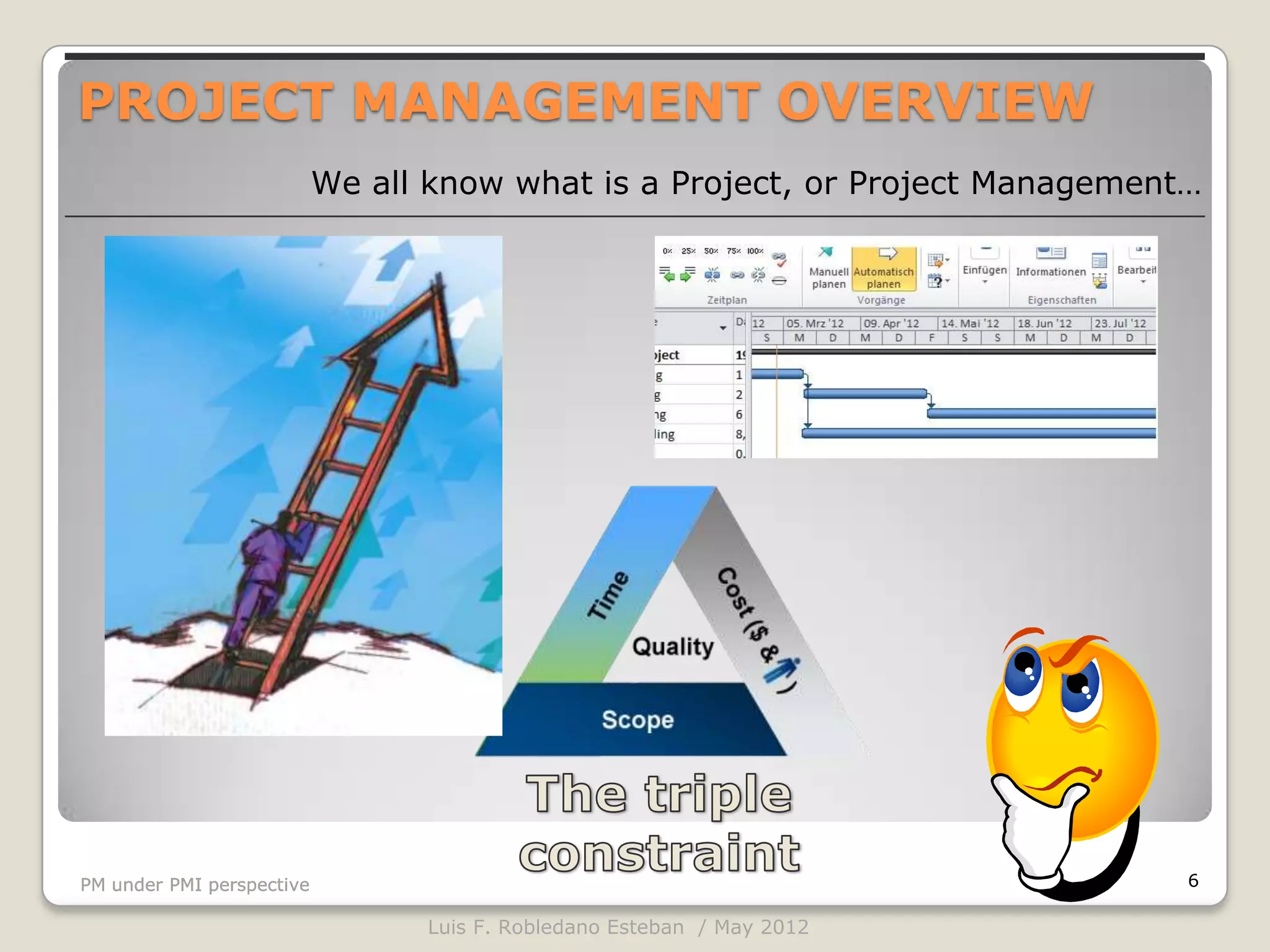 PROJECT MANAGEMENT OVERVIEW
                           We all know what is a Project, or Project Management…




PM under PMI perspective                                                       6

                                 Luis F. Robledano Esteban / May 2012
 