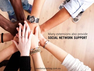 Many extensions also provide
         SOCIAL NETWORK SUPPORT




ewebmarketing.com.au
 