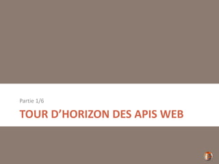 TOUR D’HORIZON DES APIS WEB
Partie 1/6
 