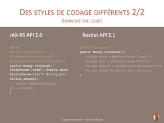 Copyright Restlet SAS – Tous droits réservés
DES STYLES DE CODAGE DIFFÉRENTS 2/2
SHOW ME THE CODE!
JAX-RS API 2.0
@POST
@Path(“withdrawal")
@Consumes("text/plain")
@Produces("application/json")
public Money withdraw(
@PathParam("card") String card,
@QueryParam("pin") String pin,
String amount){
return getMoney(card,
pin, amount);
}
Restlet API 2.1
@Post(“txt:json”)
public Money withdraw(){
String card = getPathValue(“card”);
String pin = getQueryValue(“pin”);
String amount = getQueryValue(“amount”);
return getMoney(card, pin, amount);
}
 