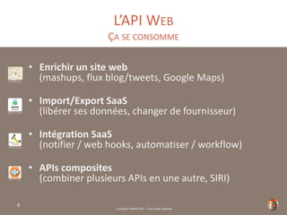 Copyright Restlet SAS – Tous droits réservés
L’API WEB
ÇA SE CONSOMME
• Enrichir un site web
(mashups, flux blog/tweets, Google Maps)
• Import/Export SaaS
(libérer ses données, changer de fournisseur)
• Intégration SaaS
(notifier / web hooks, automatiser / workflow)
• APIs composites
(combiner plusieurs APIs en une autre, SIRI)
6
 