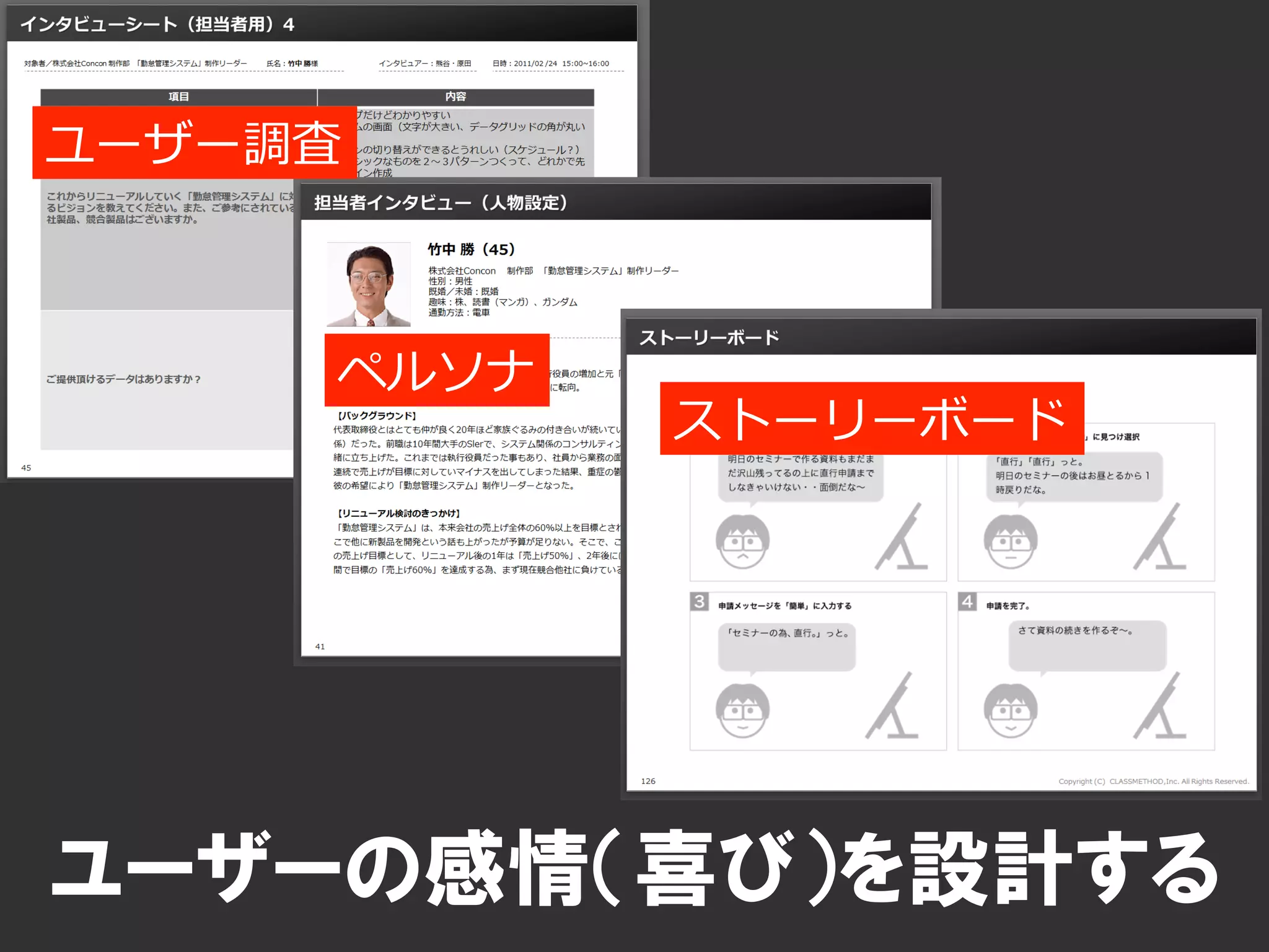 ユーザー調査



     ペルソナ
            ストーリーボード




ユーザーの感情（喜び）を設計する
 