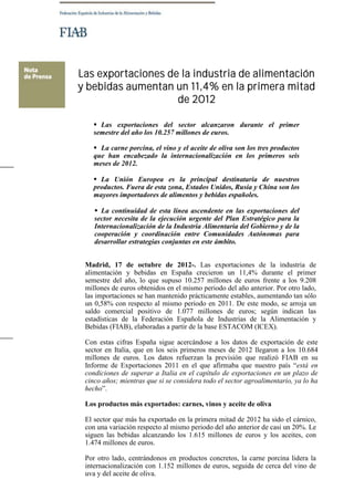 Las exportaciones de la industria de alimentación
y bebidas aumentan un 11,4% en la primera mitad
                    de 2012

    Las exportaciones del sector alcanzaron durante el primer
   semestre del año los 10.257 millones de euros.

    La carne porcina, el vino y el aceite de oliva son los tres productos
   que han encabezado la internacionalización en los primeros seis
   meses de 2012.

    La Unión Europea es la principal destinataria de nuestros
   productos. Fuera de esta zona, Estados Unidos, Rusia y China son los
   mayores importadores de alimentos y bebidas españoles.

     La continuidad de esta línea ascendente en las exportaciones del
    sector necesita de la ejecución urgente del Plan Estratégico para la
    Internacionalización de la Industria Alimentaria del Gobierno y de la
    cooperación y coordinación entre Comunidades Autónomas para
    desarrollar estrategias conjuntas en este ámbito.


 Madrid, 17 de octubre de 2012-. Las exportaciones de la industria de
 alimentación y bebidas en España crecieron un 11,4% durante el primer
 semestre del año, lo que supuso 10.257 millones de euros frente a los 9.208
 millones de euros obtenidos en el mismo periodo del año anterior. Por otro lado,
 las importaciones se han mantenido prácticamente estables, aumentando tan sólo
 un 0,58% con respecto al mismo periodo en 2011. De este modo, se arroja un
 saldo comercial positivo de 1.077 millones de euros; según indican las
 estadísticas de la Federación Española de Industrias de la Alimentación y
 Bebidas (FIAB), elaboradas a partir de la base ESTACOM (ICEX).

 Con estas cifras España sigue acercándose a los datos de exportación de este
 sector en Italia, que en los seis primeros meses de 2012 llegaron a los 10.684
 millones de euros. Los datos refuerzan la previsión que realizó FIAB en su
 Informe de Exportaciones 2011 en el que afirmaba que nuestro país “está en
 condiciones de superar a Italia en el capítulo de exportaciones en un plazo de
 cinco años; mientras que si se considera todo el sector agroalimentario, ya lo ha
 hecho”.

 Los productos más exportados: carnes, vinos y aceite de oliva

 El sector que más ha exportado en la primera mitad de 2012 ha sido el cárnico,
 con una variación respecto al mismo periodo del año anterior de casi un 20%. Le
 siguen las bebidas alcanzando los 1.615 millones de euros y los aceites, con
 1.474 millones de euros.

 Por otro lado, centrándonos en productos concretos, la carne porcina lidera la
 internacionalización con 1.152 millones de euros, seguida de cerca del vino de
 uva y del aceite de oliva.
 