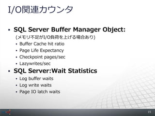 I/O関連カウンタ

 SQL Server Buffer Manager Object:
  (メモリ不足がI/O負荷を上げる場合あり)
   Buffer Cache hit ratio
   Page Life Expectancy
   Checkpoint pages/sec
   Lazywrites/sec

 SQL Server:Wait Statistics
   Log buffer waits
   Log write waits
   Page IO latch waits




                                      15
 