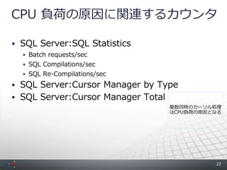 CPU 負荷の原因に関連するカウンタ

 SQL Server:SQL Statistics
   Batch requests/sec
   SQL Compilations/sec
   SQL Re-Compilations/sec

 SQL Server:Cursor Manager by Type
 SQL Server:Cursor Manager Total
                                    複数同時のカーソル処理
                                    はCPU負荷の原因となる




                                              22
 