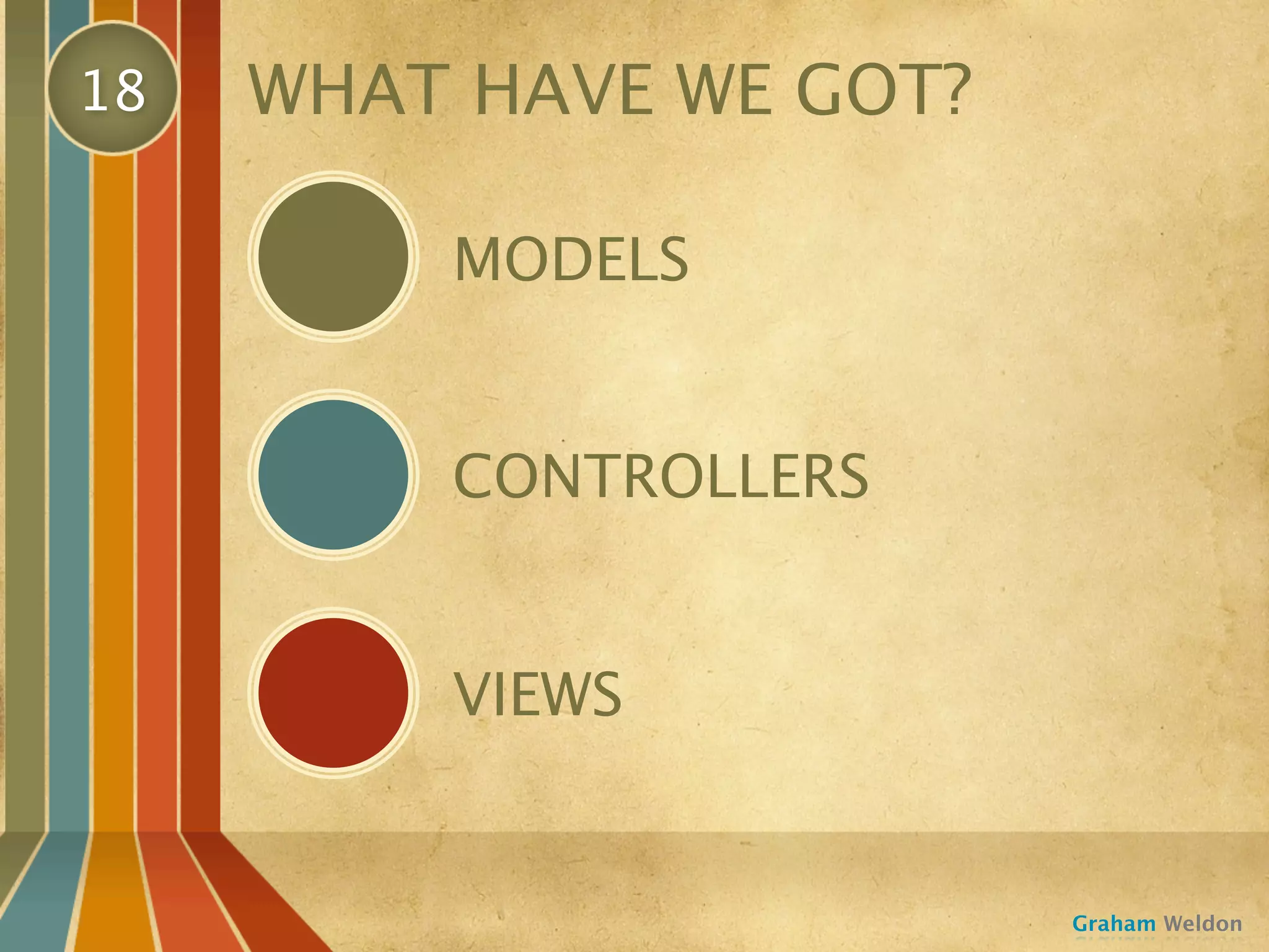 18   WHAT HAVE WE GOT?

         MODELS


         CONTROLLERS


         VIEWS


                         Graham Weldon
 