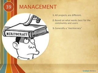 39   MANAGEMENT
             1. All projects are different.

             2. Based on what works best for the
                community and users

             3. Generally a “meritocracy”




                                              Graham Weldon
 