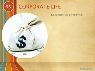 33   CORPORATE LIFE
               1. Businesses are proﬁt driven.




                                           Graham Weldon
 