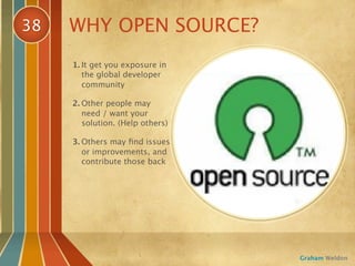 38   WHY OPEN SOURCE?
     1. It get you exposure in
        the global developer
        community

     2. Other people may
        need / want your
        solution. (Help others)

     3. Others may ﬁnd issues
        or improvements, and
        contribute those back




                                  Graham Weldon
 