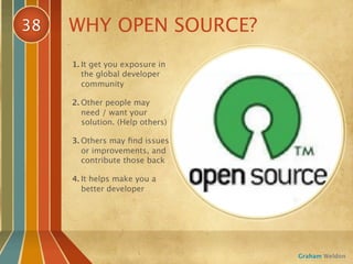 38   WHY OPEN SOURCE?
     1. It get you exposure in
        the global developer
        community

     2. Other people may
        need / want your
        solution. (Help others)

     3. Others may ﬁnd issues
        or improvements, and
        contribute those back

     4. It helps make you a
        better developer




                                  Graham Weldon
 