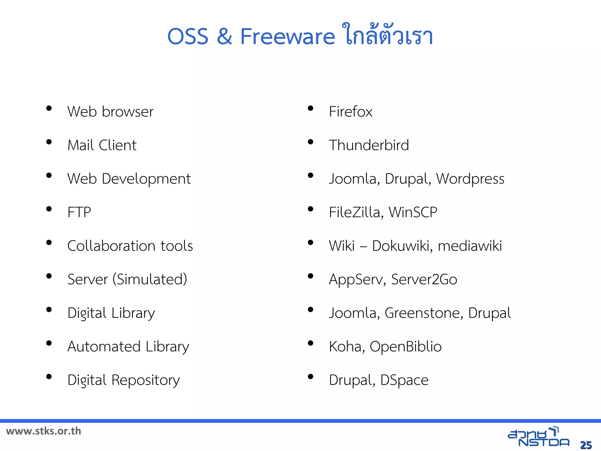 OSS  Freeware ใกล5ตุลาคม 2555'วิทยาคาร จังหวัดเรา

       • Web browser                               • Firefox
       • Mail Client                               • Thunderbird
       • Web Development                           • Joomla, Drupal, Wordpress
       • FTP                                       • FileZilla, WinSCP
       • Collaboration tools                       • Wiki – Dokuwiki, mediawiki
       • Server (Simulated)                        • AppServ, Server2Go
       • Digital Library                           • Joomla, Greenstone, Drupal
       • Automated Library                         • Koha, OpenBiblio
       • Digital Repository                        • Drupal, DSpace

www.stks.or.th
                                                                                  25
 